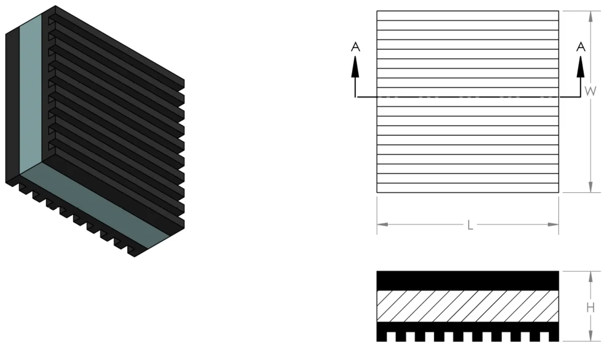 Ribbed anti-vibration pad technical drawing showing the alternating high and low rib pattern, cross-oriented faces, plan view and side view with L length, W width and H thickness