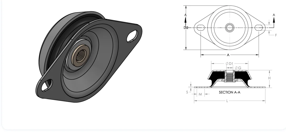 Bell mount captive anti-vibration mount technical drawing showing the two-hole oval base flange, central tapped boss, plan view and Section A-A with H total height, L total length, D1 top diameter, D2 bottom diameter and A hole centres