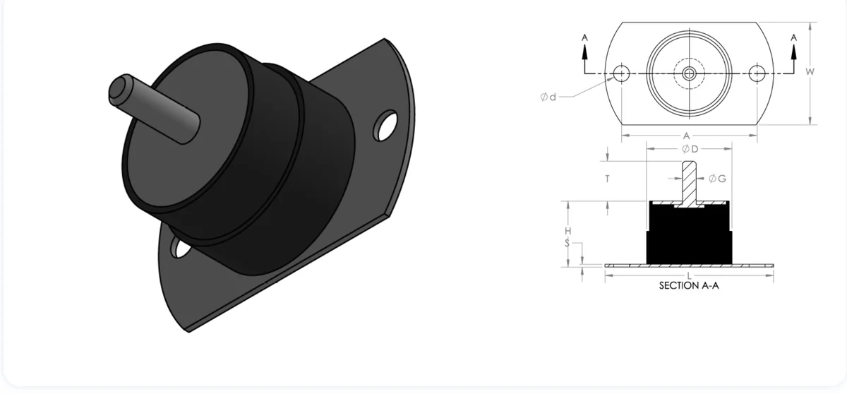 Generator mount plate mount type 2 technical drawing showing the flanged steel base, central threaded stud, plan view and Section A-A with H total height, L total length, D diameter and A hole distance