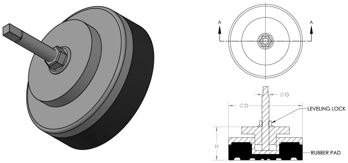 Anti-vibration machine levelling foot mount technical drawing showing the threaded adjusting stud, levelling lock nut, ribbed rubber pad, plan view and Section A-A with H height, D diameter and G thread size