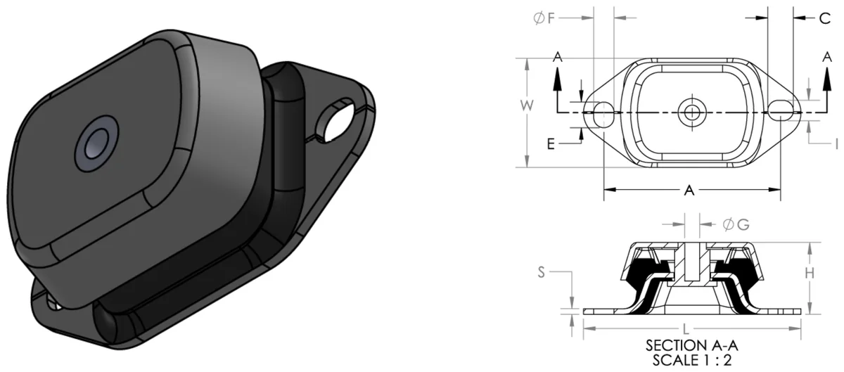 Marine anti-vibration engine mount technical drawing showing the flanged fail-safe body, plan view and Section A-A with H total height, L flange length, W flange width, A hole distance and G thread size