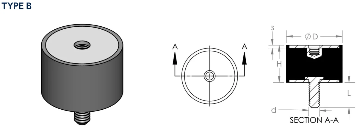 Type B cylindrical anti-vibration mount technical drawing, tapped female boss on the top face and male stud below, with plan view and Section A-A