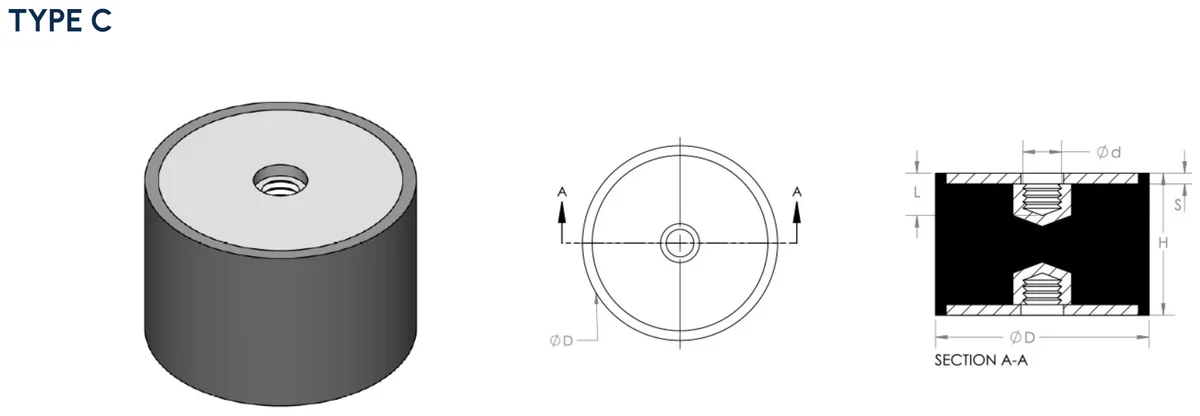 Type C cylindrical anti-vibration mount technical drawing, tapped female boss at both ends, with plan view and Section A-A