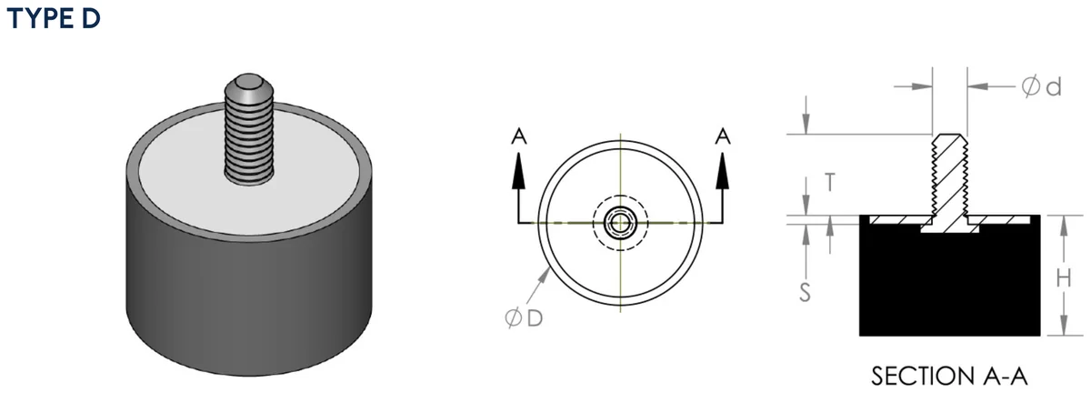 Type D cylindrical anti-vibration mount technical drawing, single male stud with plain opposite face, with plan view and Section A-A showing T thread length
