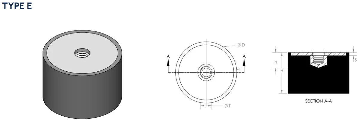 Type E cylindrical anti-vibration mount technical drawing, single tapped female boss with plain opposite face, with plan view and Section A-A